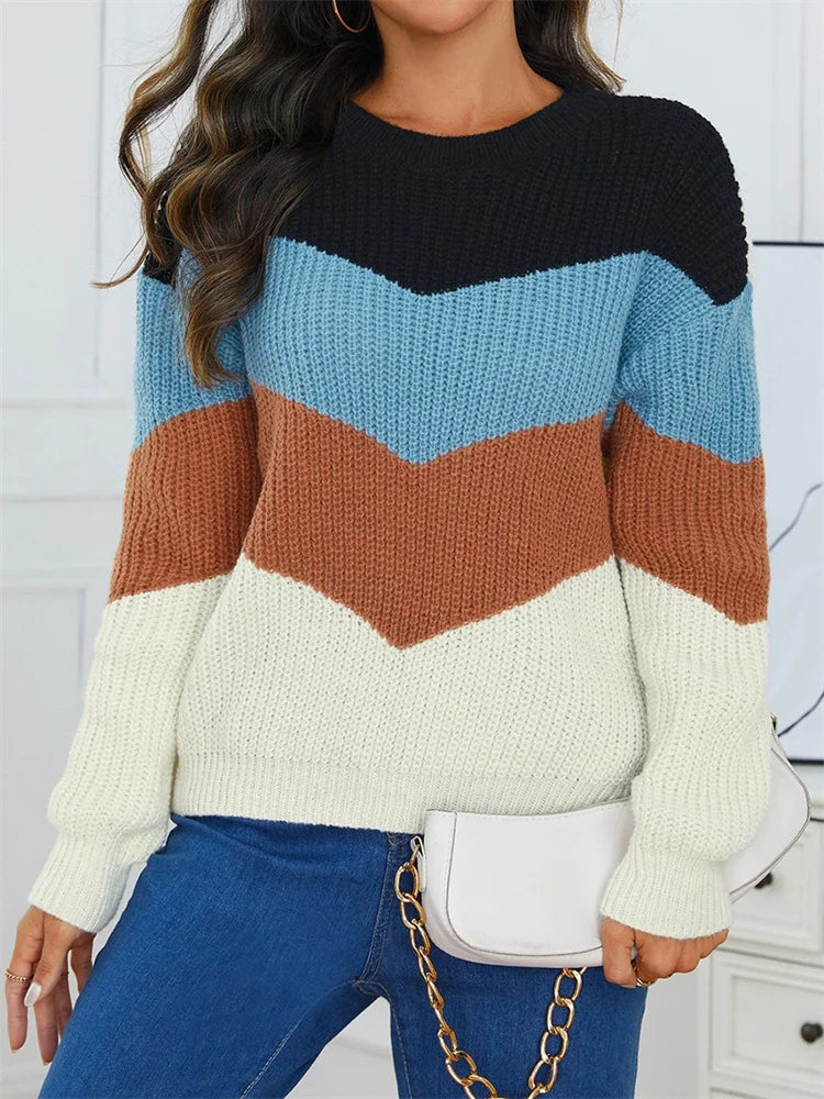 Ladies Striped Sweater Round Neck Cotton Blend