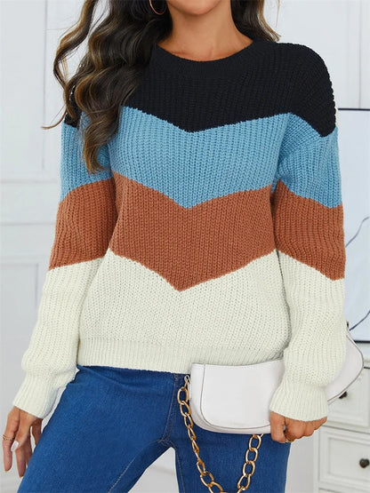 Ladies Striped Sweater Round Neck Cotton Blend