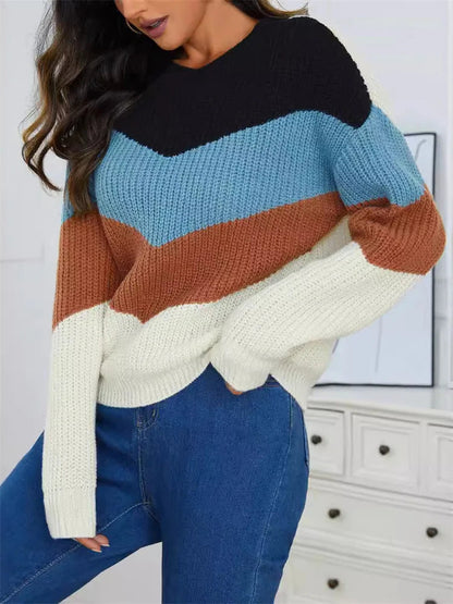 Ladies Striped Sweater Round Neck Cotton Blend