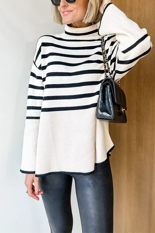 Ladies' Striped Sweater with Col and Side Slit