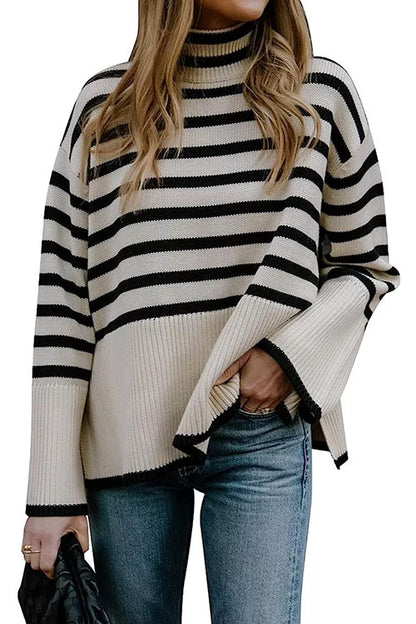 Ladies' Striped Sweater with Col and Side Slit