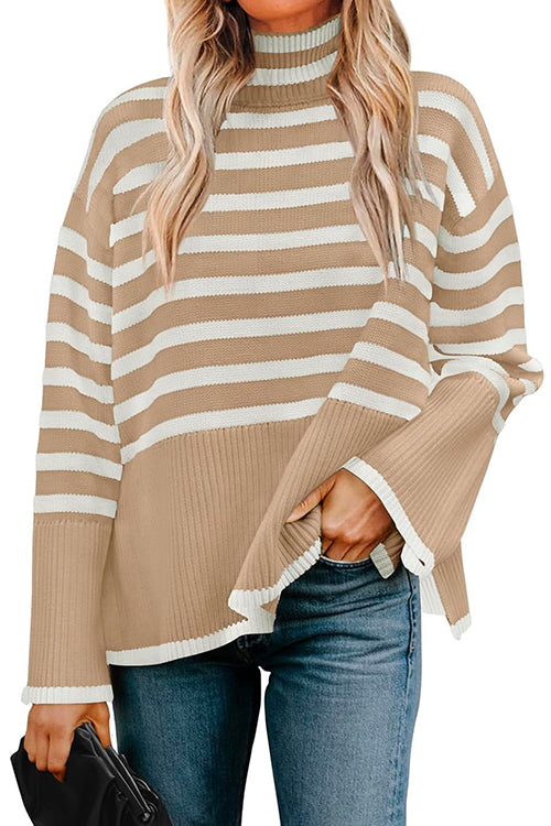 Ladies' Striped Sweater with Col and Side Slit