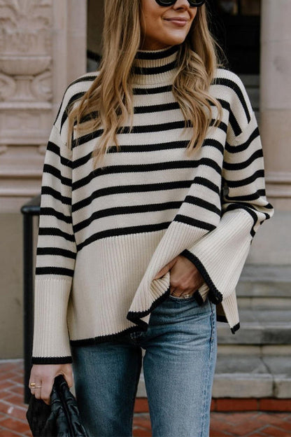 Ladies' Striped Sweater with Tufted Neck and Side Slit
