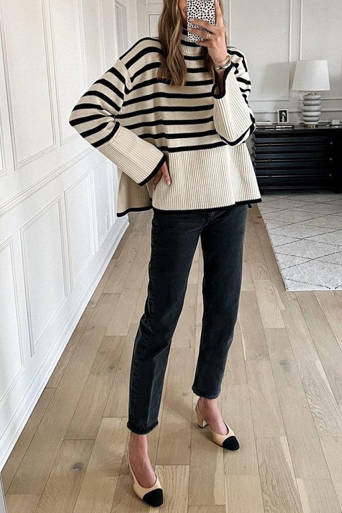 Ladies' Striped Sweater with Tufted Neck and Side Slit