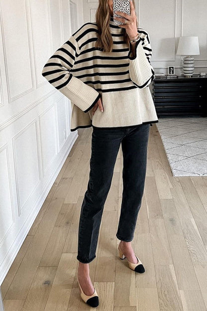 Ladies' Striped Sweater with Tufted Neck and Side Slit