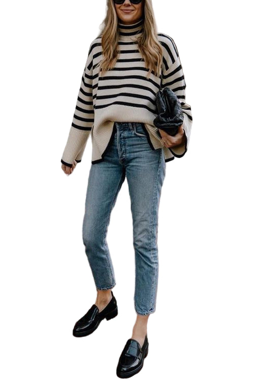 Ladies' Striped Sweater with Tufted Neck and Side Slit