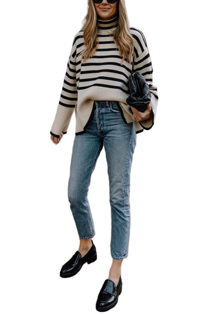 Ladies' Striped Sweater with Tufted Neck and Side Slit