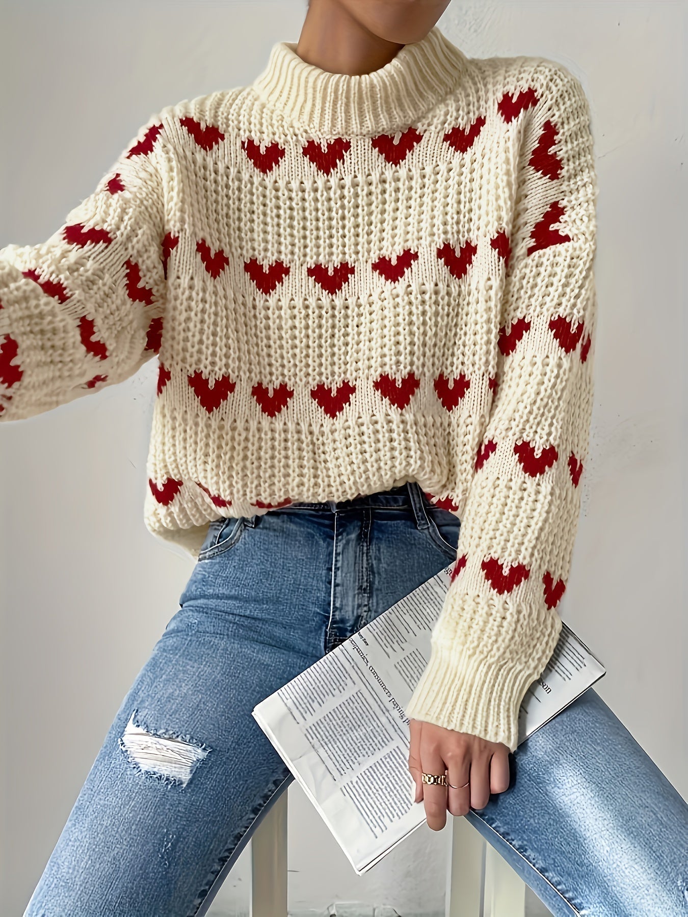 Ladies Sweater High Neck Casual with Long Sleeves - Knitted Turtleneck Sweater for Autumn and Winter