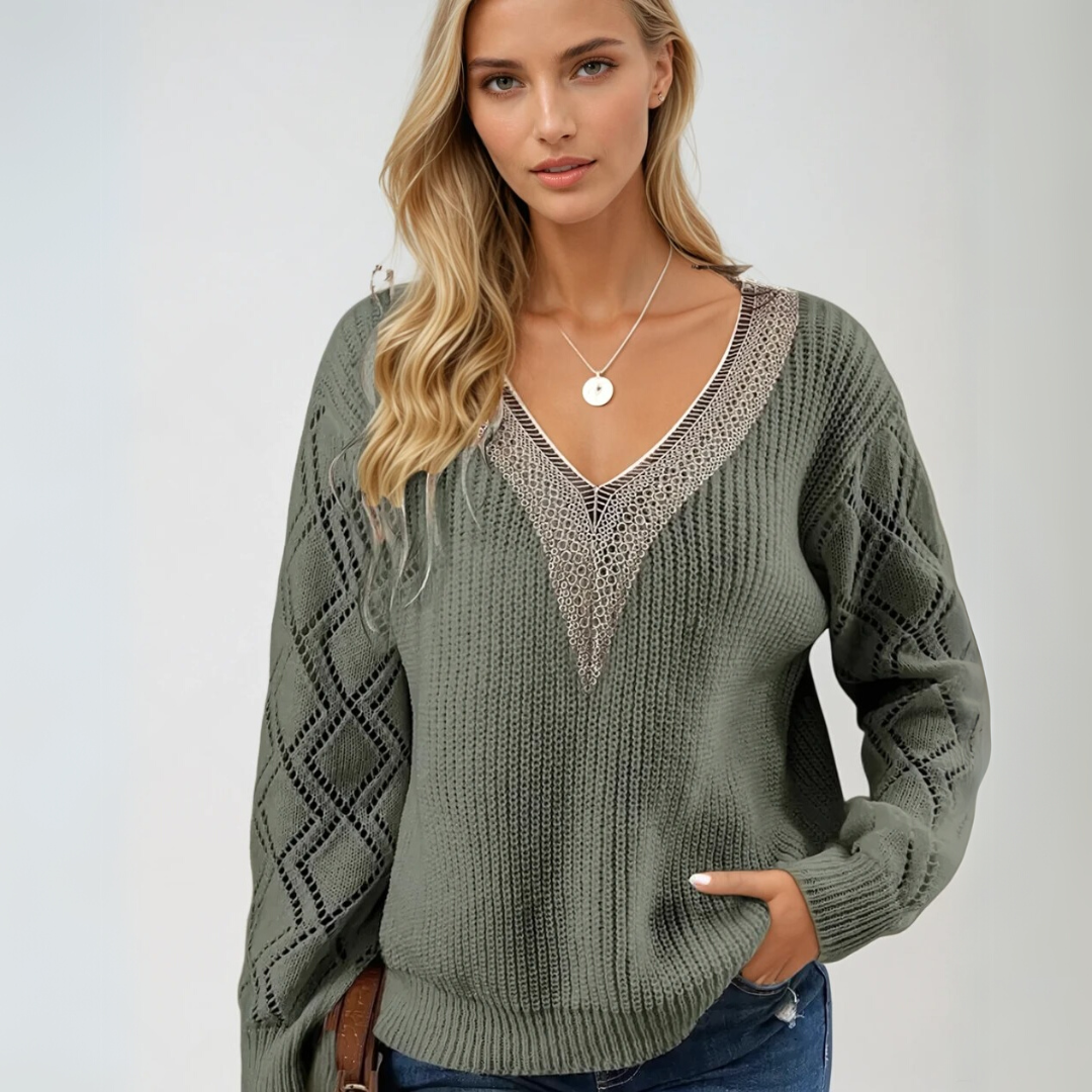 Ladies' Sweater Knitted V-Neck With Detailed Sleeves