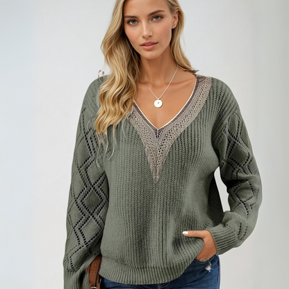 Ladies' Sweater Knitted V-Neck With Detailed Sleeves