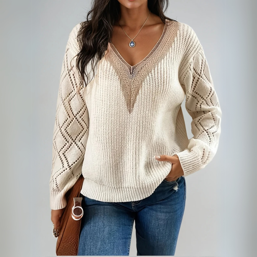 Ladies' Sweater Knitted V-Neck With Detailed Sleeves