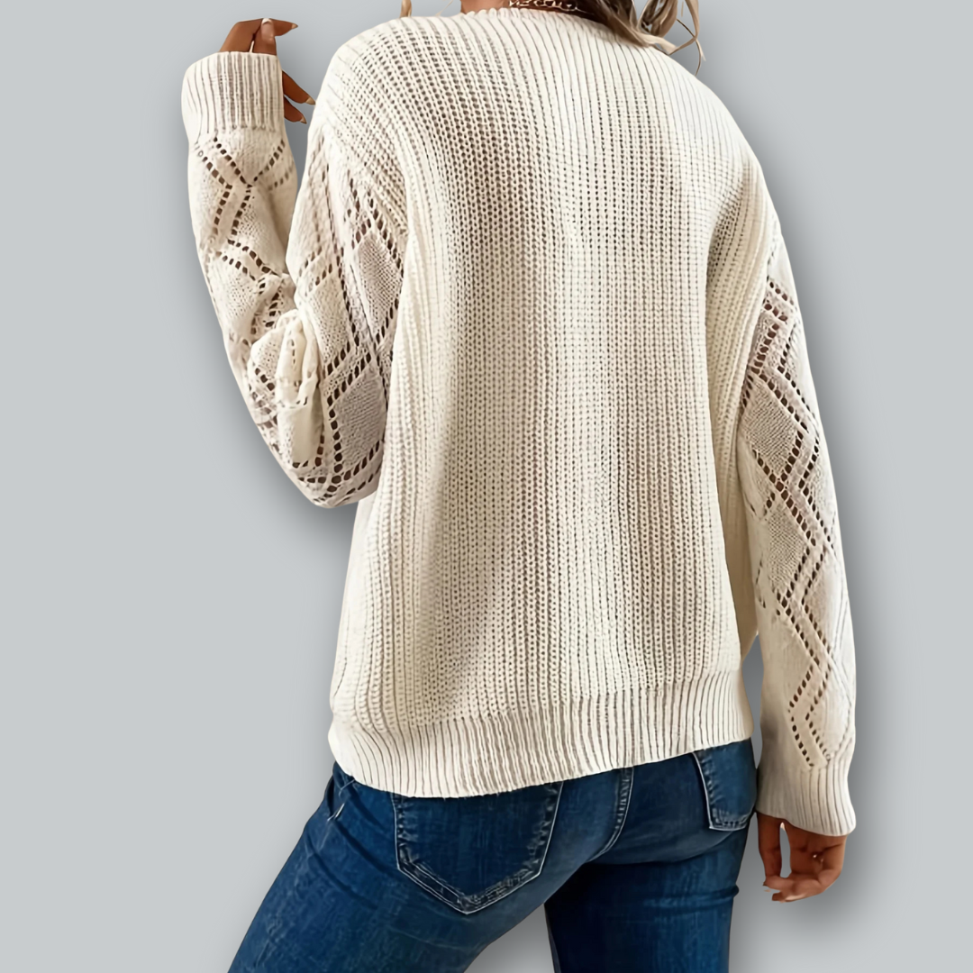 Ladies' Sweater Knitted V-Neck With Detailed Sleeves