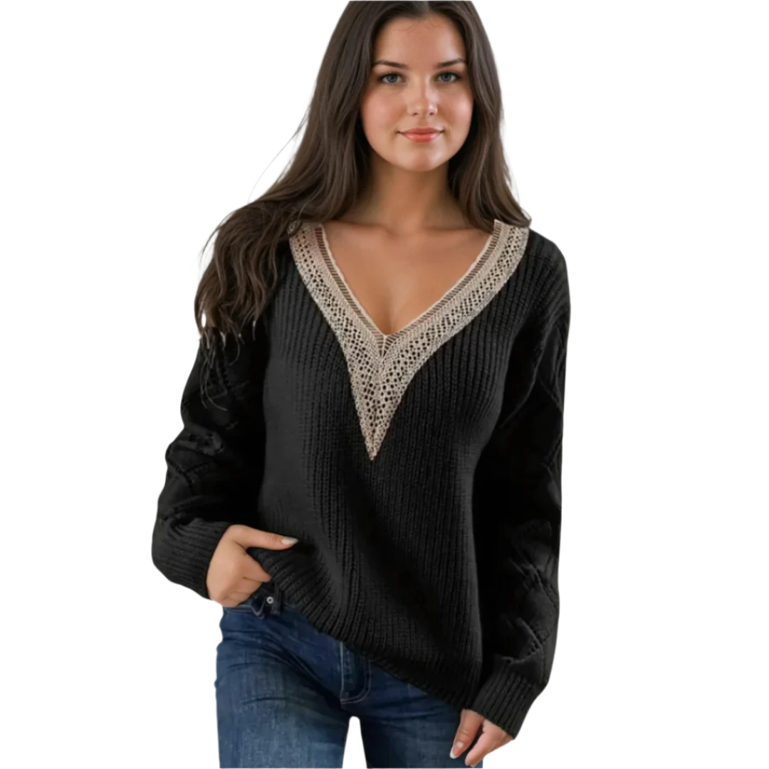 Ladies' Sweater Knitted V-Neck With Detailed Sleeves