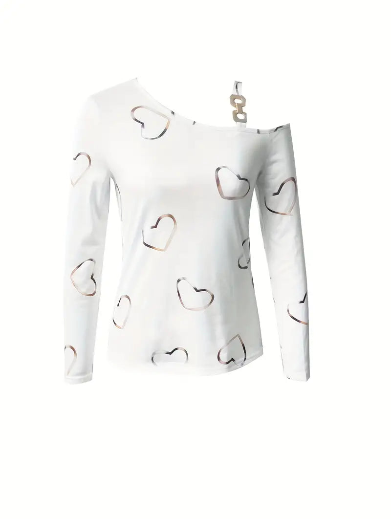 Ladies T-Shirt Playful Heart Print Cotton Casual Tops
