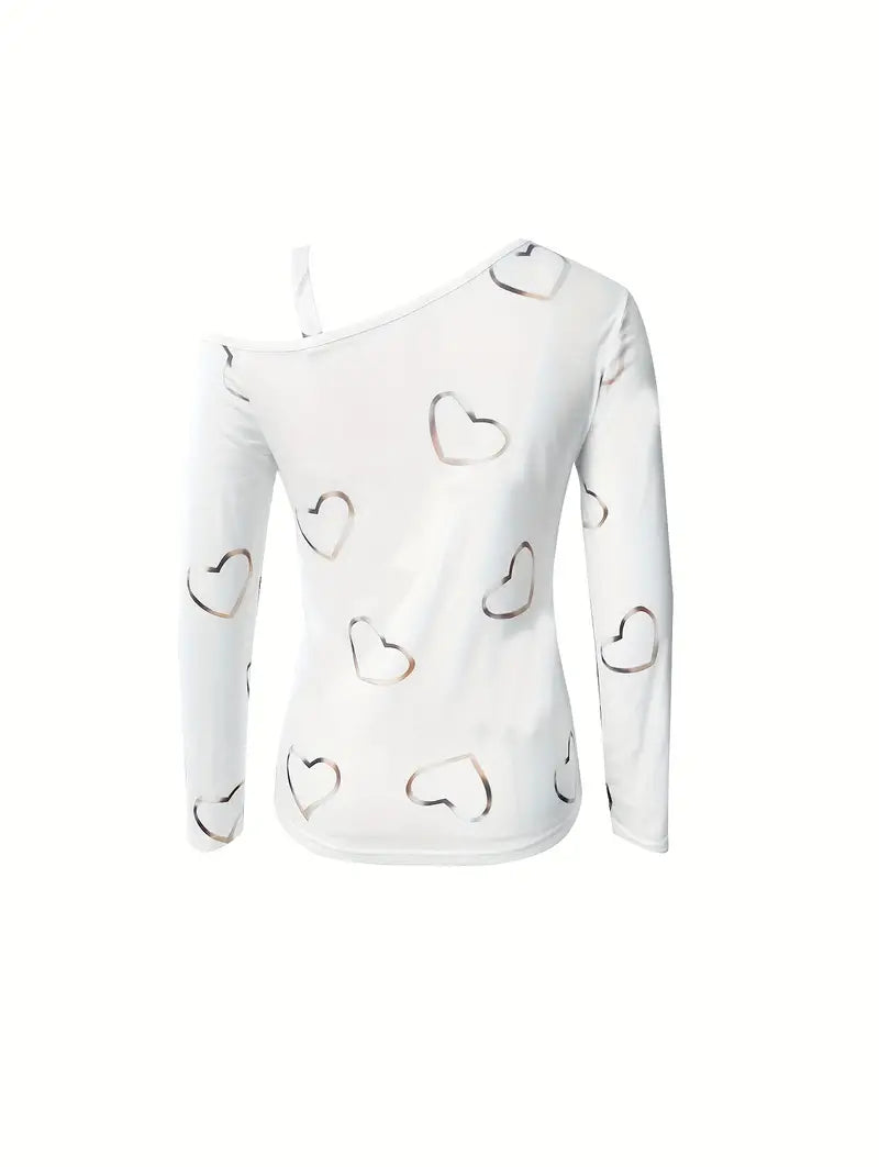Ladies T-Shirt Playful Heart Print Cotton Casual Tops