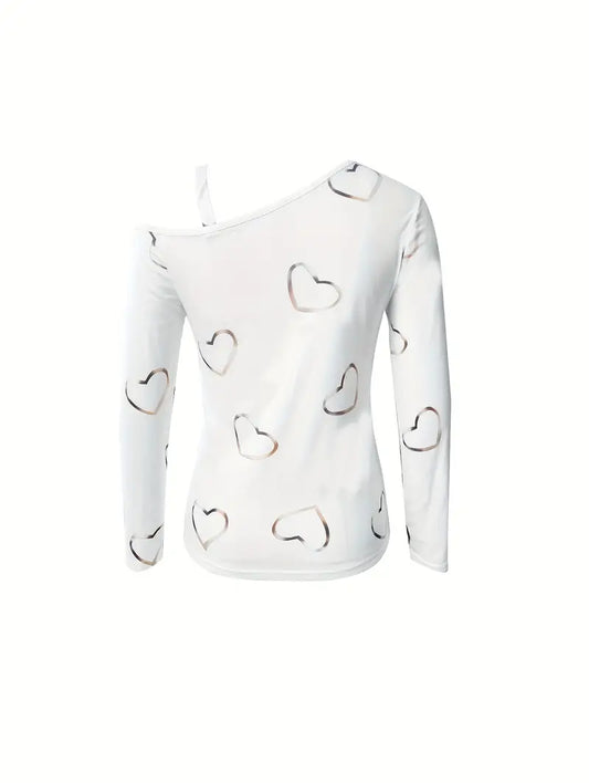 Ladies T-Shirt Playful Heart Print Cotton Casual Tops