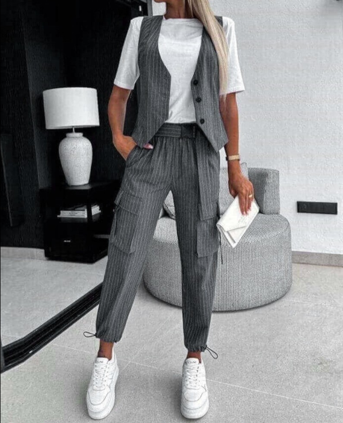 Ladies Two-piece Set Striped Gilet and Pants Breathable Fabric