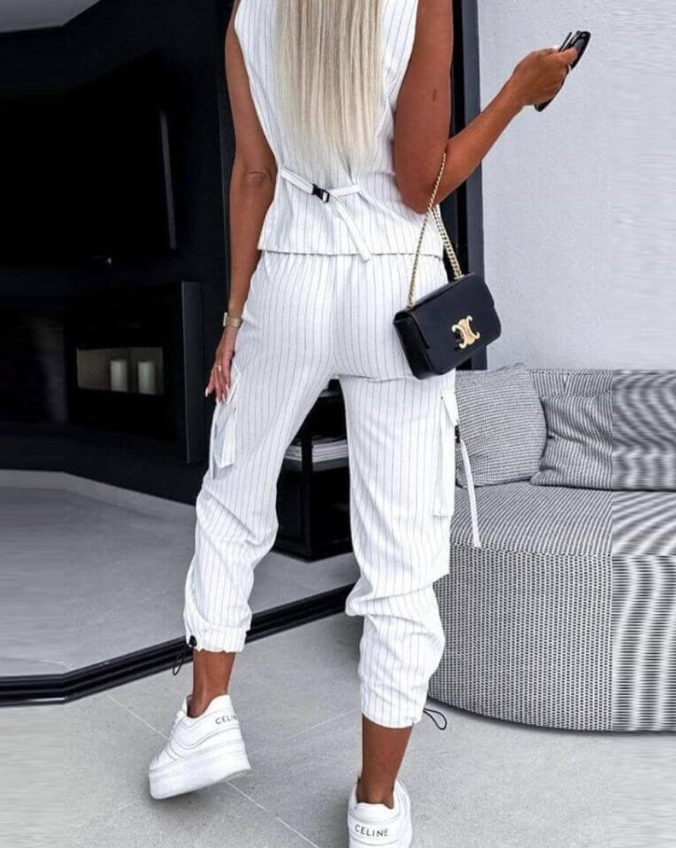 Ladies Two-piece Set Striped Gilet and Pants Breathable Fabric