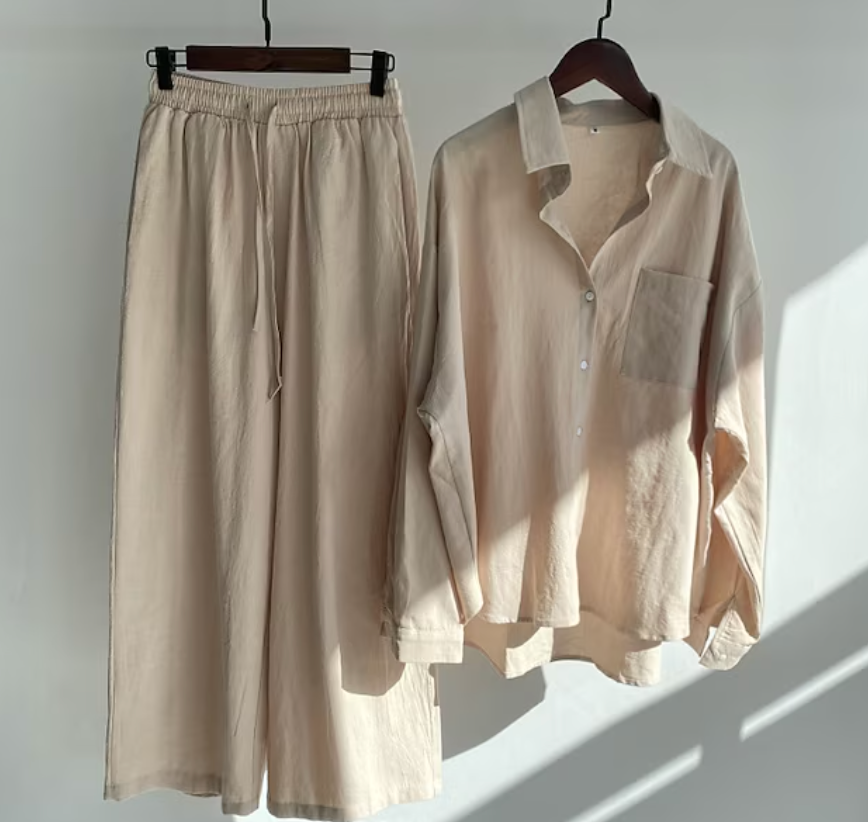 Ladies Two-piece Set Stylish Linen Style 2-Piece Set Ladies Elegant Top and Pants