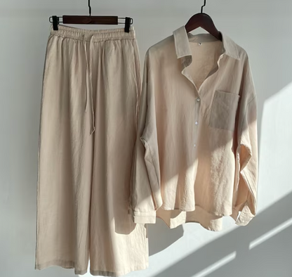 Ladies Two-piece Set Stylish Linen Style 2-Piece Set Ladies Elegant Top and Pants