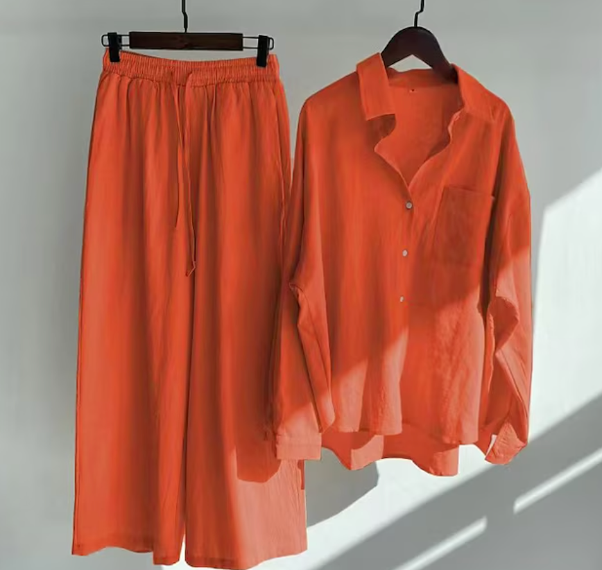 Ladies Two-piece Set Stylish Linen Style 2-Piece Set Ladies Elegant Top and Pants