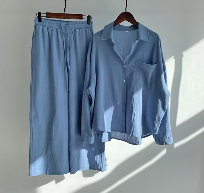 Ladies Two-piece Set Stylish Linen Style 2-Piece Set Ladies Elegant Top and Pants