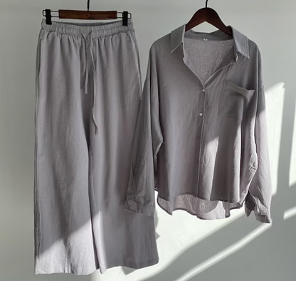 Ladies Two-piece Set Stylish Linen Style 2-Piece Set Ladies Elegant Top and Pants