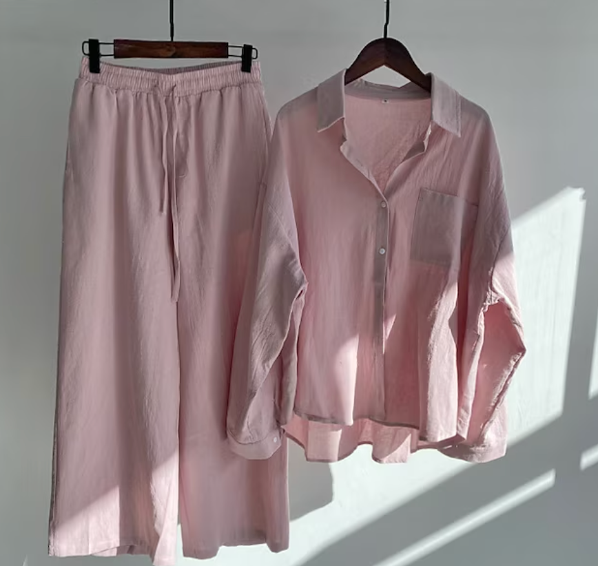 Ladies Two-piece Set Stylish Linen Style 2-Piece Set Ladies Elegant Top and Pants