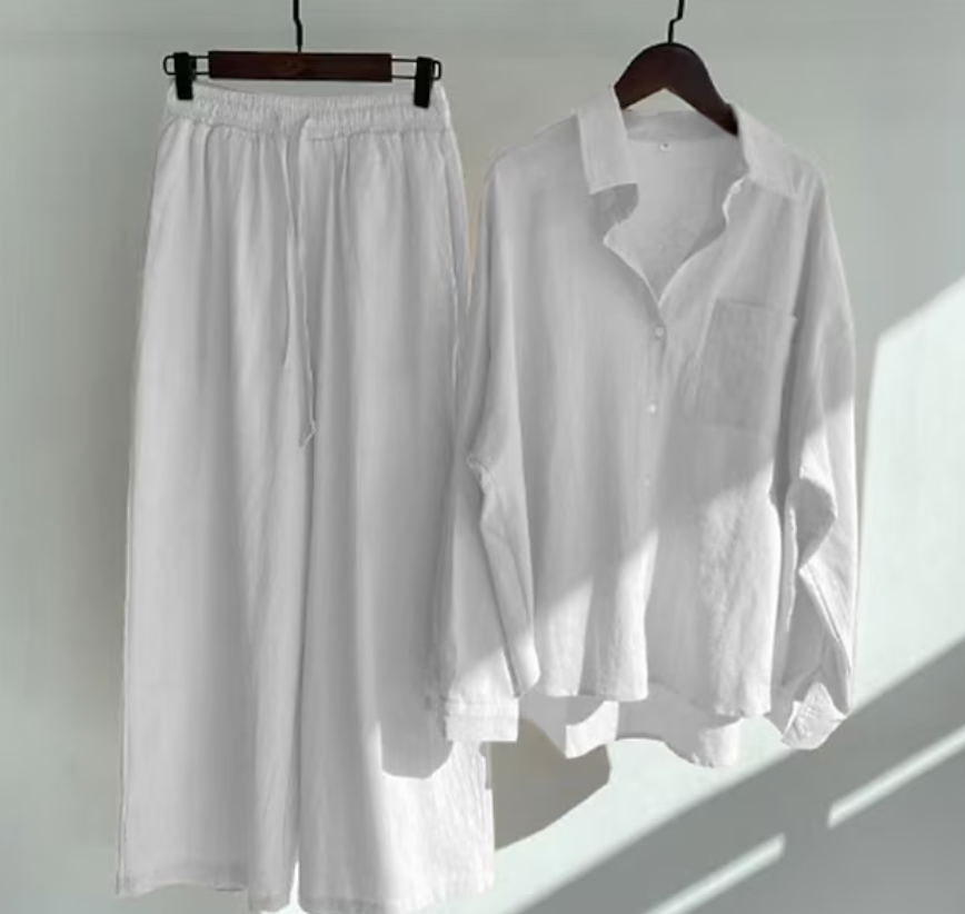 Ladies Two-piece Set Stylish Linen Style 2-Piece Set Ladies Elegant Top and Pants