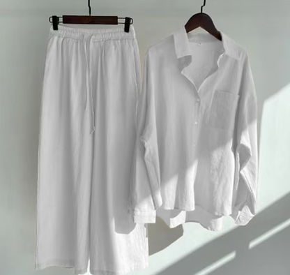 Ladies Two-piece Set Stylish Linen Style 2-Piece Set Ladies Elegant Top and Pants