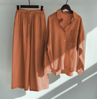 Ladies Two-piece Set Stylish Linen Style 2-Piece Set Ladies Elegant Top and Pants