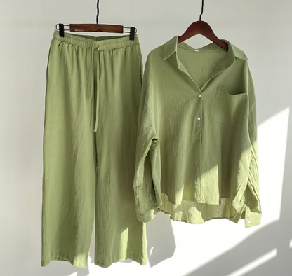 Ladies Two-piece Set Stylish Linen Style 2-Piece Set Ladies Elegant Top and Pants