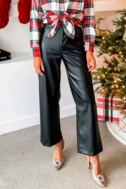 Ladies' faux leather trousers with straight legs and button fastening