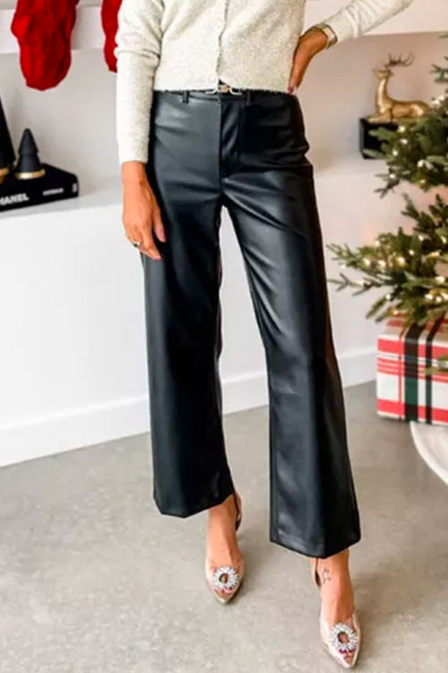 Ladies' faux leather trousers with straight legs and button fastening