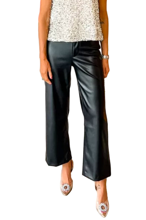 Ladies' faux leather trousers with straight legs and button fastening