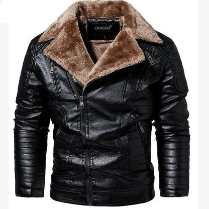 Leather Style men's coat with fur collar