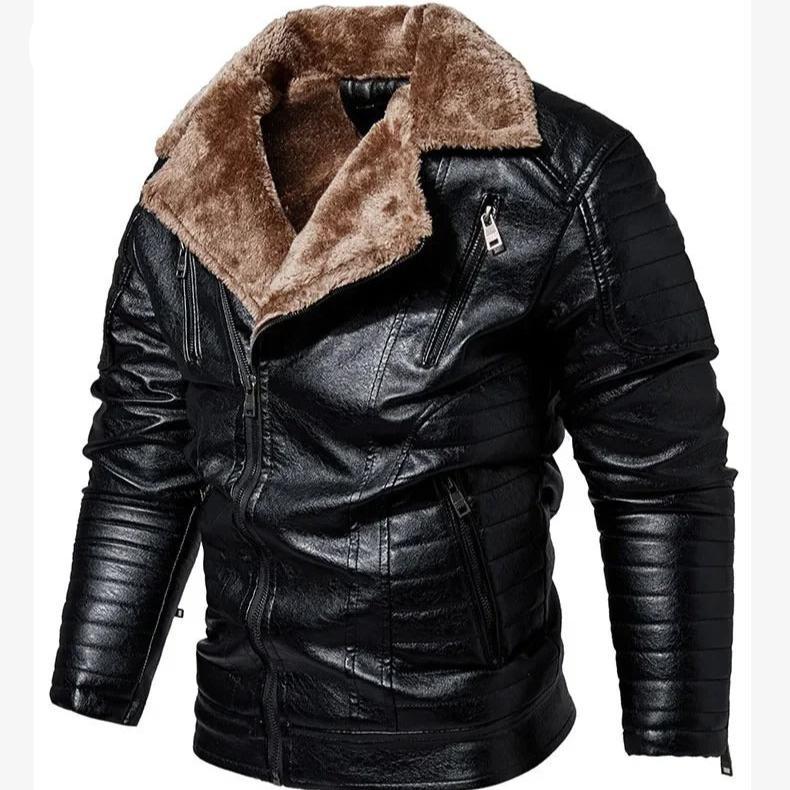 Leather Style men's coat with fur collar