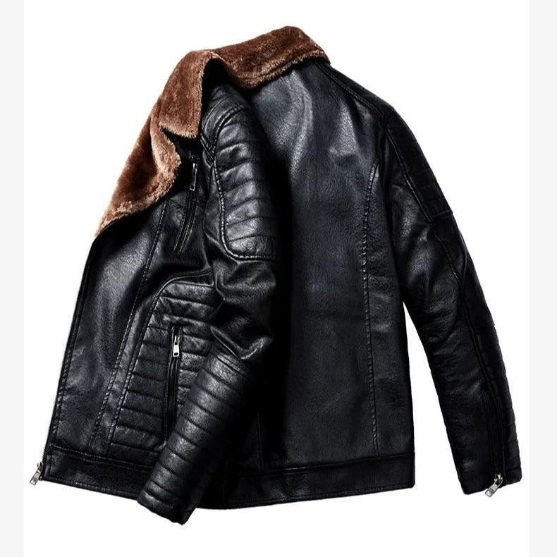 Leather Style men's coat with fur collar
