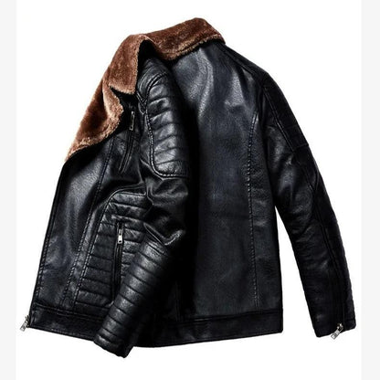 Leather Style men's coat with fur collar