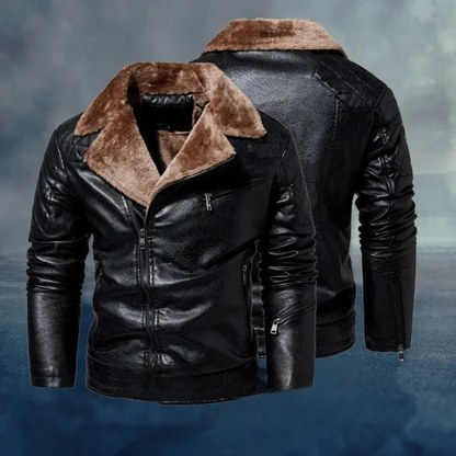 Leather Style men's coat with fur collar