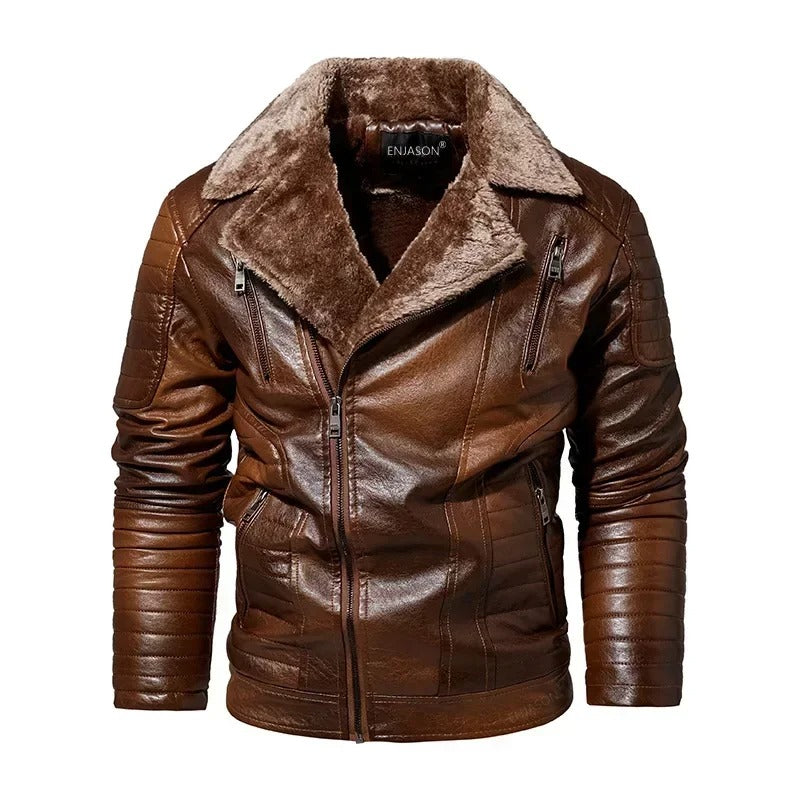 Leather Style men's coat with fur collar