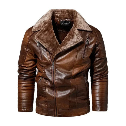 Leather Style men's coat with fur collar