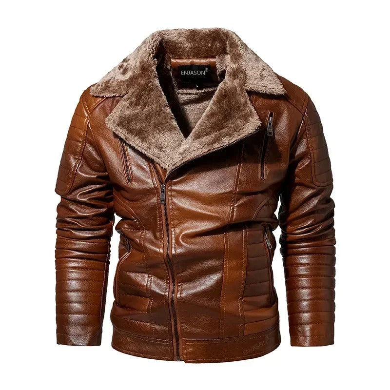 Leather Style men's coat with fur collar
