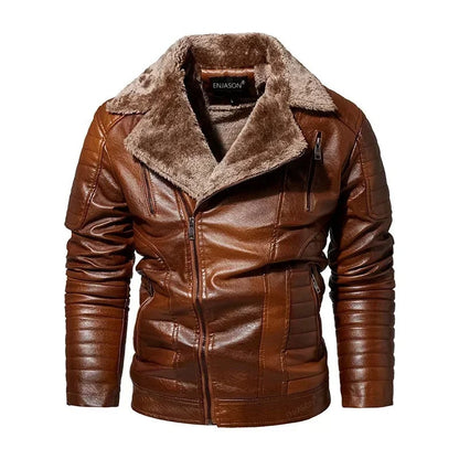 Leather Style men's coat with fur collar