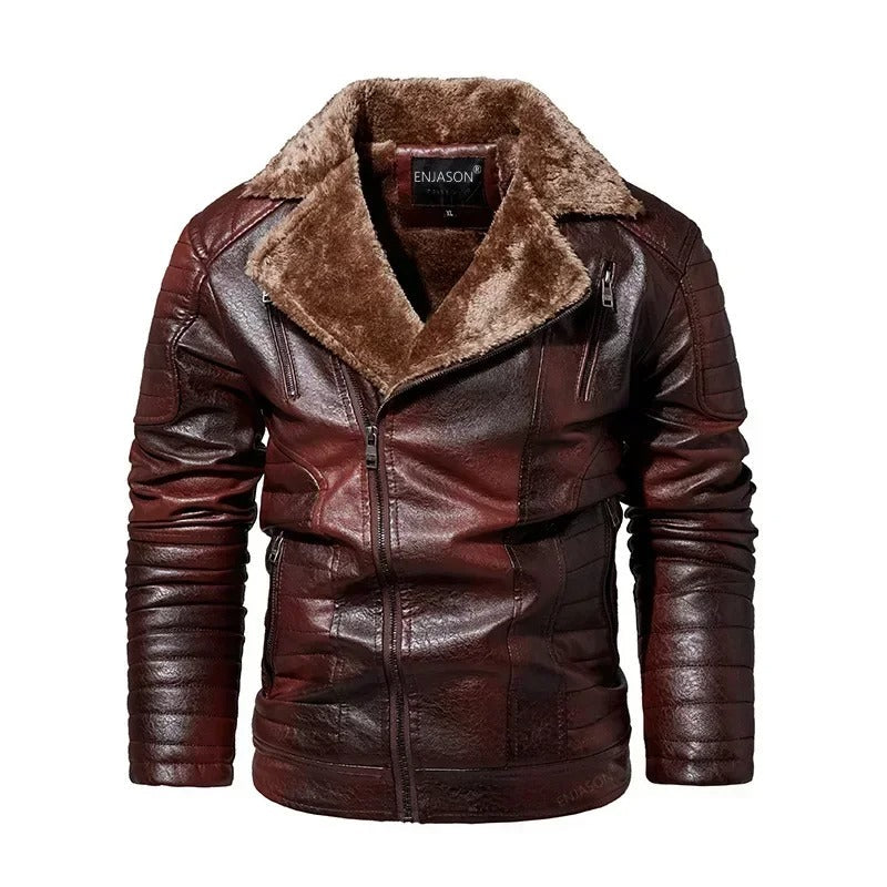 Leather Style men's coat with fur collar