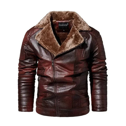 Leather Style men's coat with fur collar