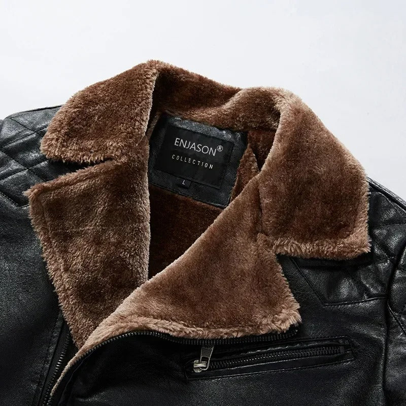 Leather Style men's coat with fur collar