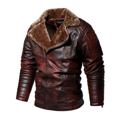 Leather Style men's coat with fur collar