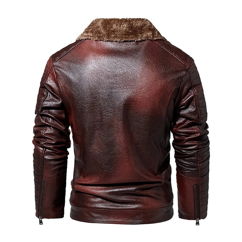Leather Style men's coat with fur collar