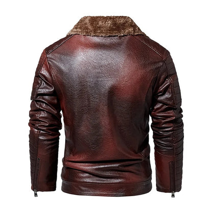 Leather Style men's coat with fur collar